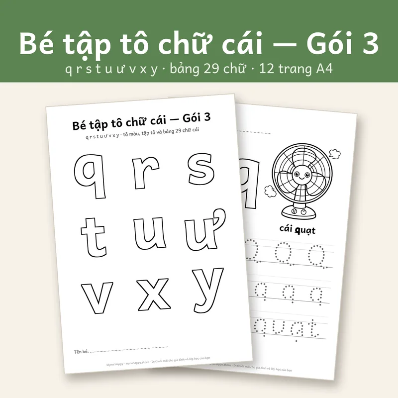 Bé tập tô chữ cái — Gói 3: q r s t u ư v x y · tô màu, tập tô và bảng 29 chữ cái