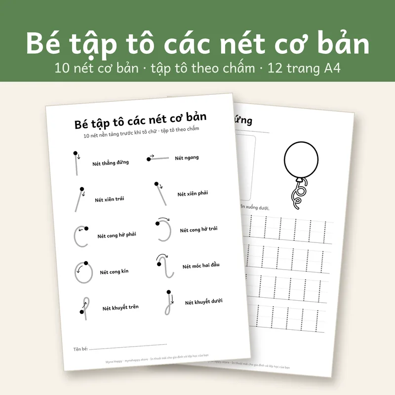 Bé tập tô các nét cơ bản: 10 nét nền tảng trước khi tô chữ · tập tô theo chấm