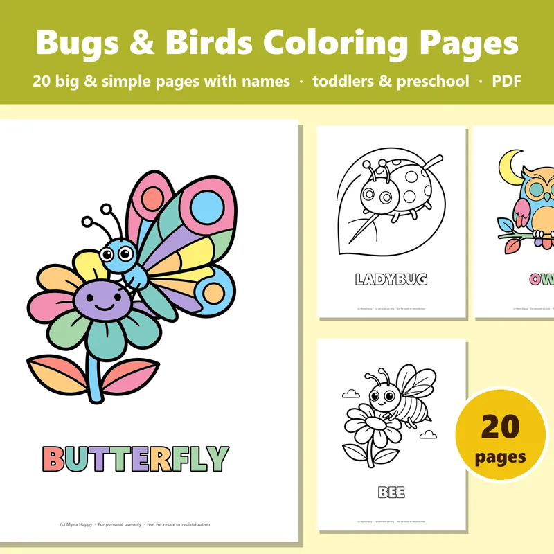 Bugs and Birds for Toddlers: 20 big and simple coloring pages with names