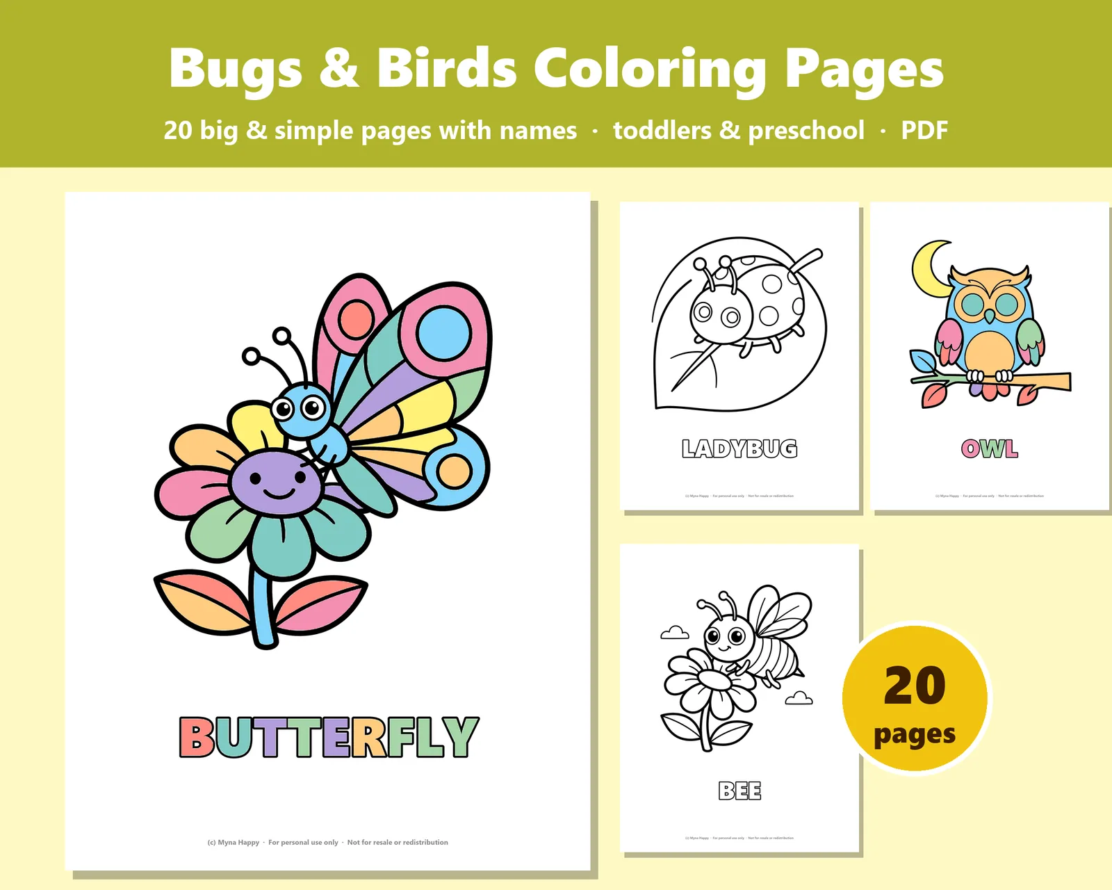 Bugs and Birds for Toddlers: 20 big and simple coloring pages with names