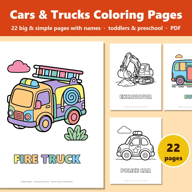 Cars and Trucks for Toddlers: 22 big and simple coloring pages with names