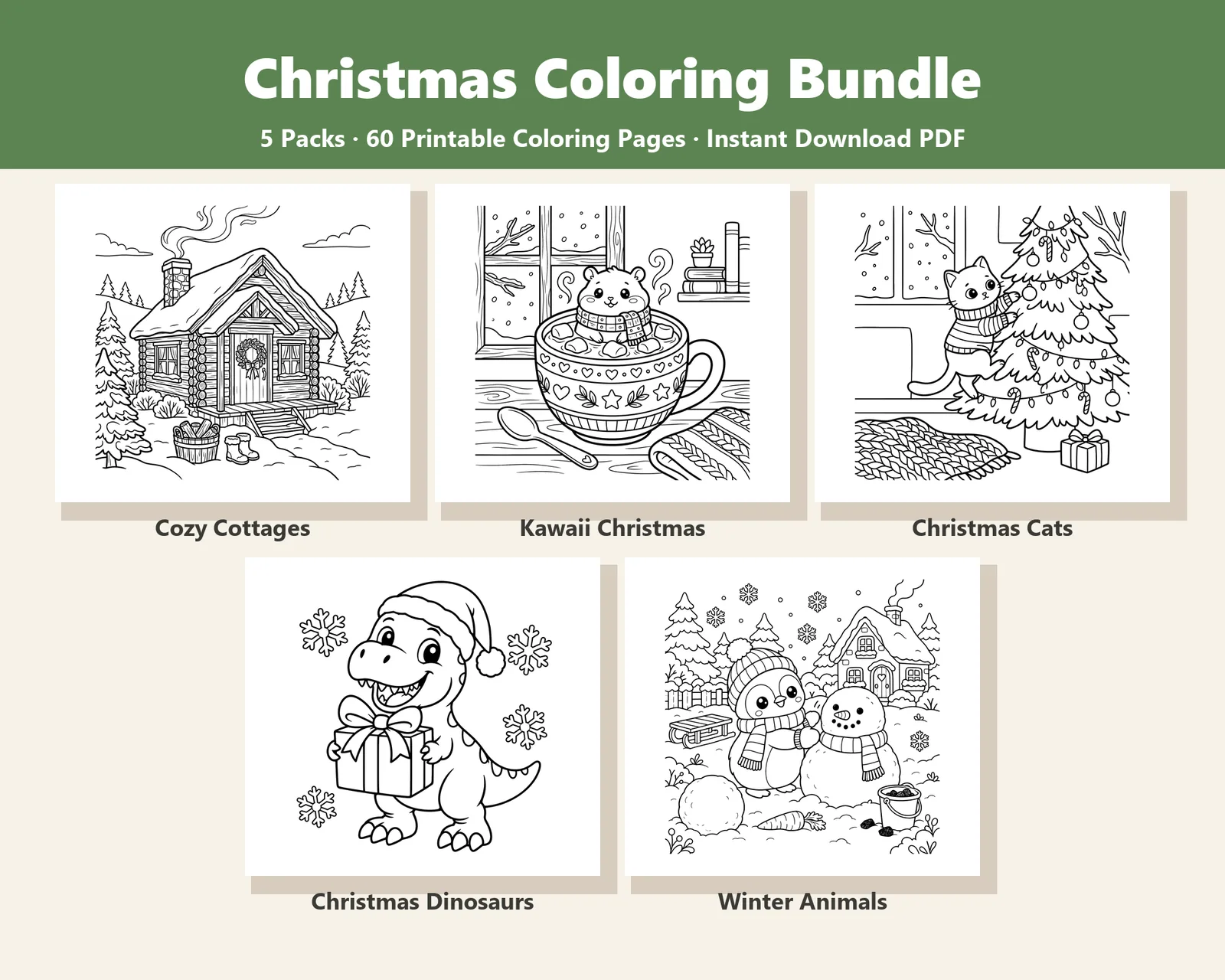 Christmas Coloring Bundle — 5 Packs, 60 Printable Pages