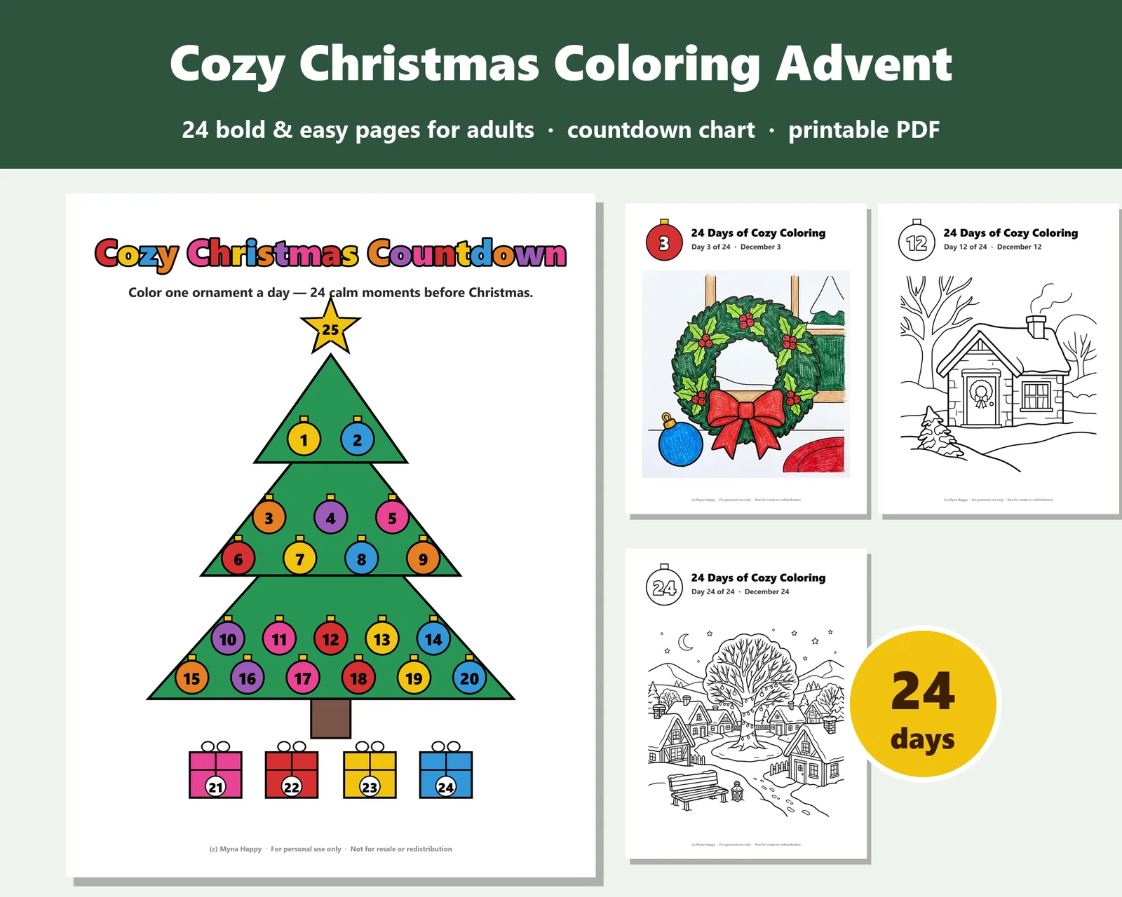 Cozy Christmas Advent Calendar for Adults: 24 bold and easy coloring pages + countdown chart