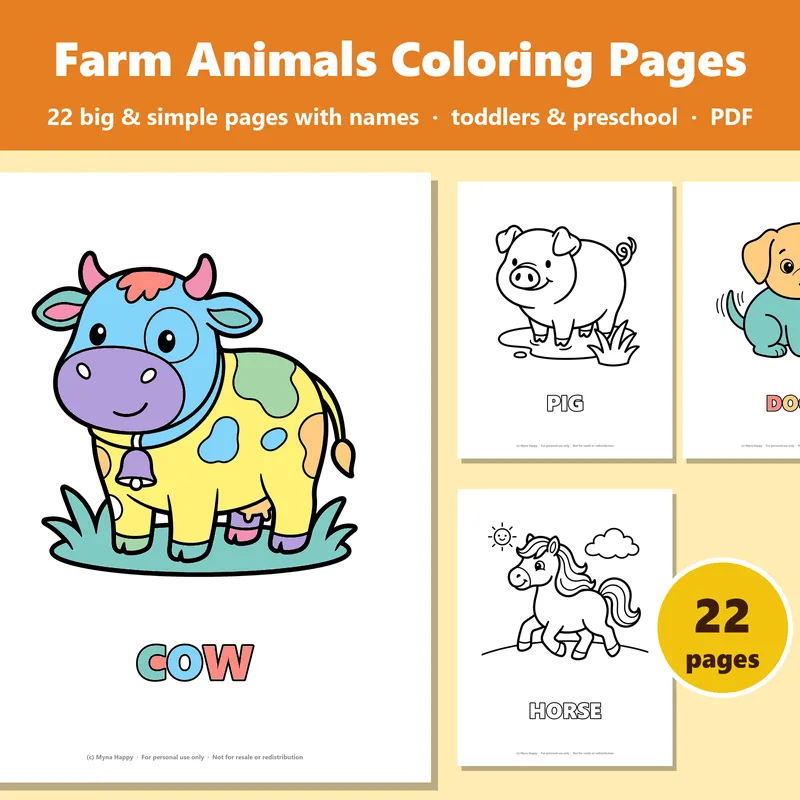 Farm Animals for Toddlers: 22 big and simple coloring pages with names