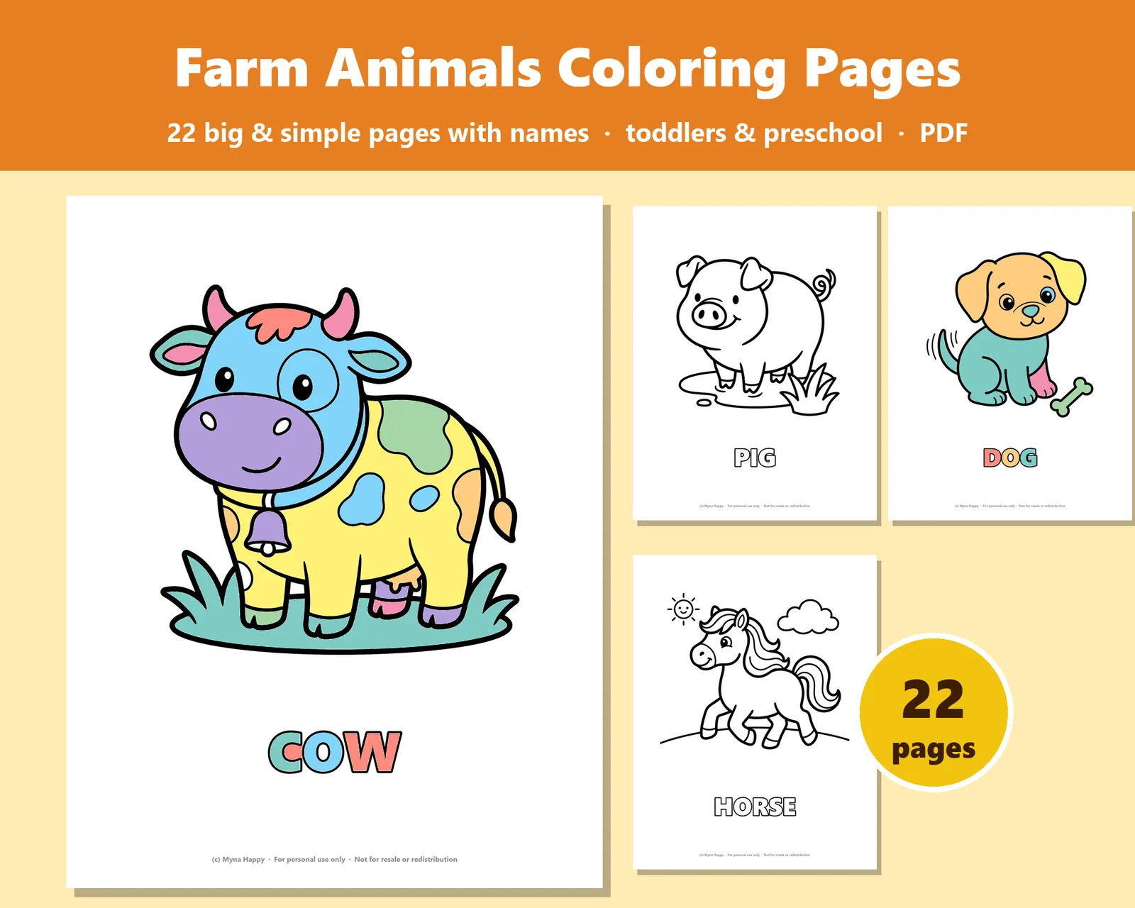 Farm Animals for Toddlers: 22 big and simple coloring pages with names