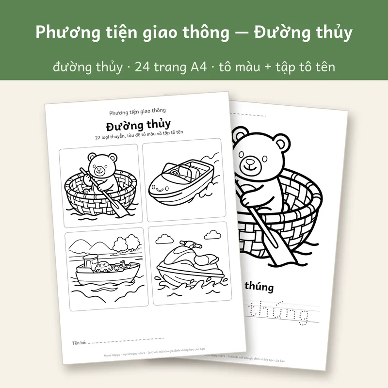 Phương tiện giao thông — Đường thủy: 22 loại thuyền, tàu để tô màu và tập tô tên