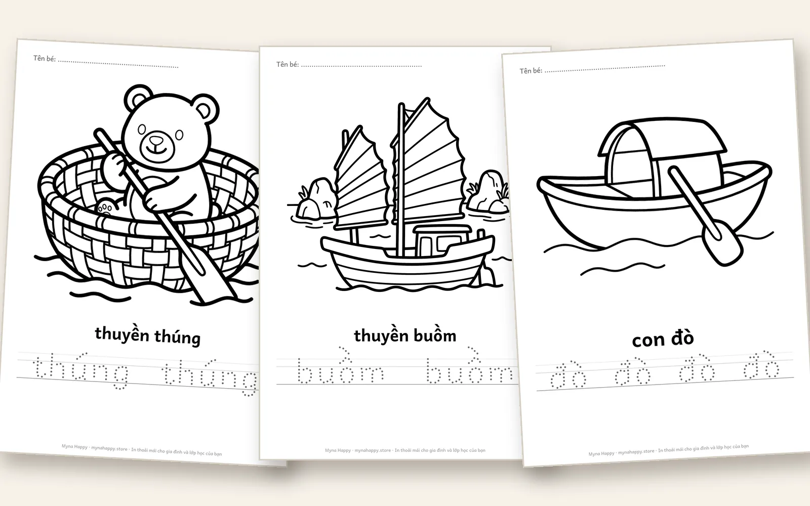 Phương tiện giao thông — Đường thủy: 22 loại thuyền, tàu để tô màu và tập tô tên
