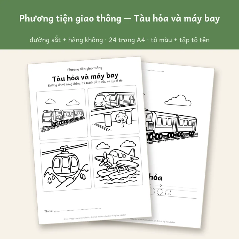 Phương tiện giao thông — Tàu hỏa và máy bay: Đường sắt và hàng không: 22 tranh để tô màu và tập tô tên