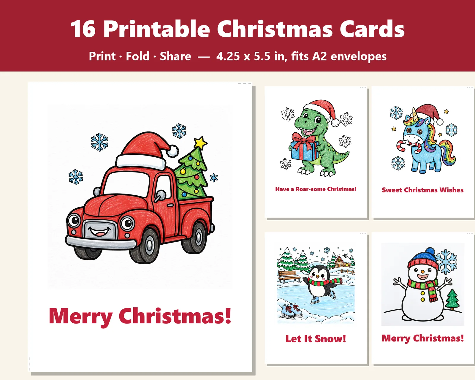 16 Printable Christmas Cards: Folded A2 holiday cards - print, fold, give