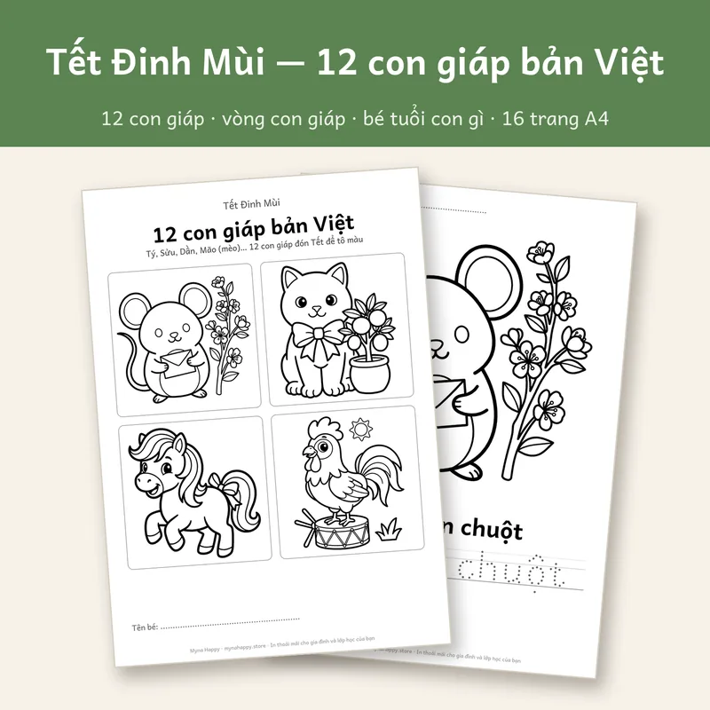 Tết Đinh Mùi — 12 con giáp bản Việt: Tý, Sửu, Dần, Mão (mèo)… 12 con giáp đón Tết để tô màu