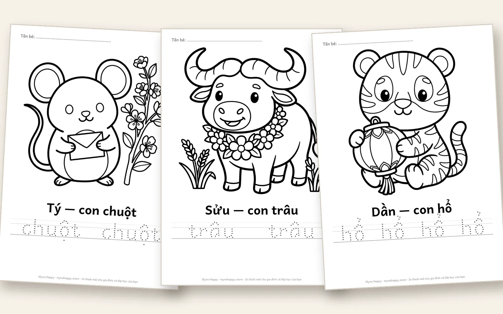 Tết Đinh Mùi — 12 con giáp bản Việt: Tý, Sửu, Dần, Mão (mèo)… 12 con giáp đón Tết để tô màu