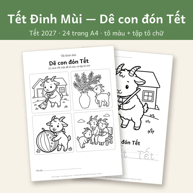 Tết Đinh Mùi — Dê con đón Tết: 22 cảnh Tết Việt để tô màu và tập tô chữ