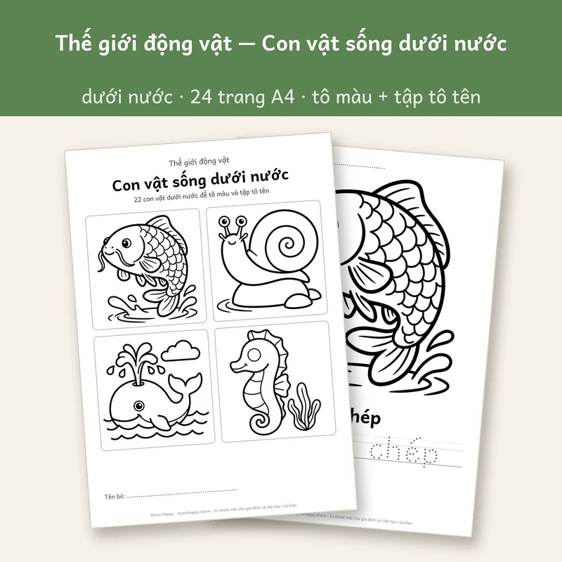 Thế giới động vật — Con vật sống dưới nước: 22 con vật dưới nước để tô màu và tập tô tên