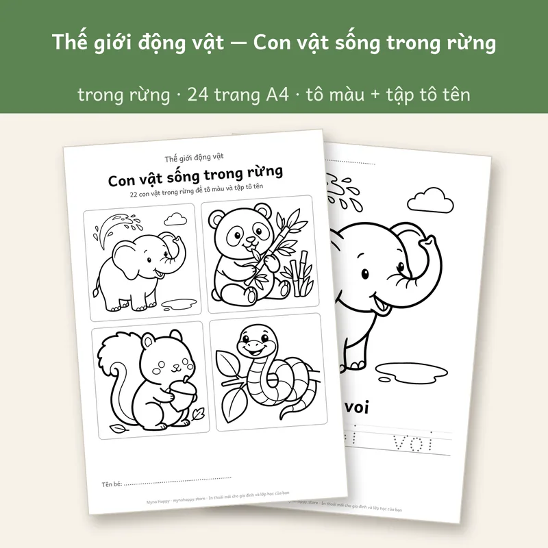 Thế giới động vật — Con vật sống trong rừng: 22 con vật trong rừng để tô màu và tập tô tên