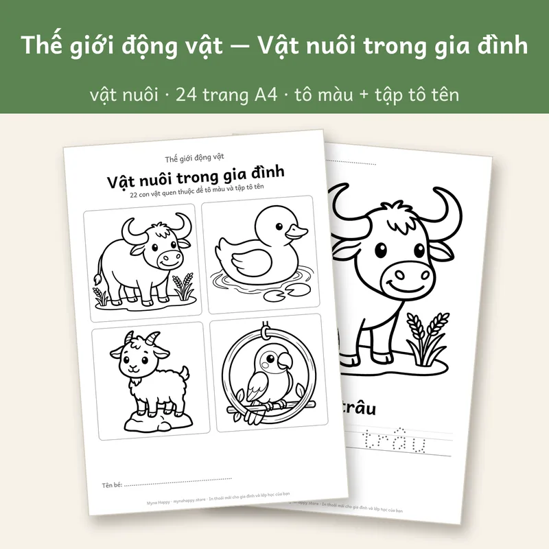 Thế giới động vật — Vật nuôi trong gia đình: 22 con vật quen thuộc để tô màu và tập tô tên