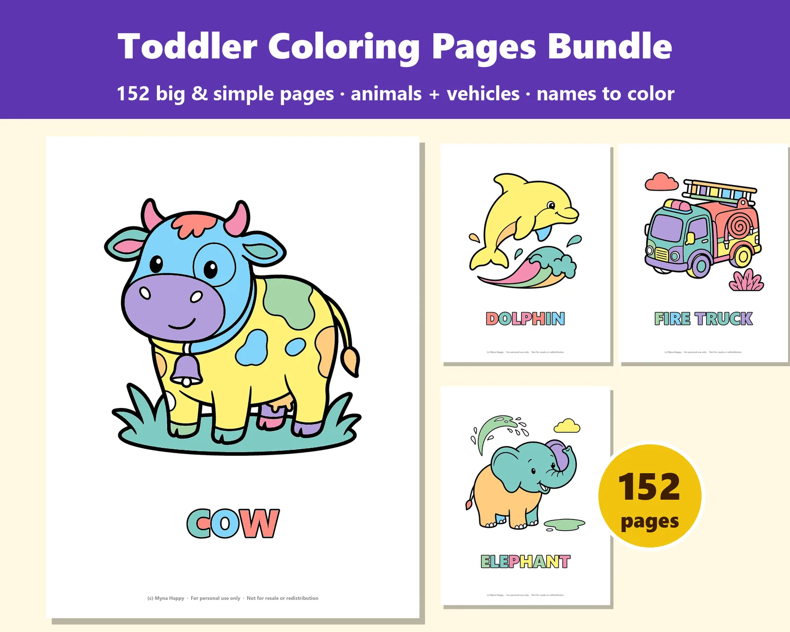 Toddler Coloring Pages Bundle: 152 big and simple animals and vehicles with names - all 7 packs