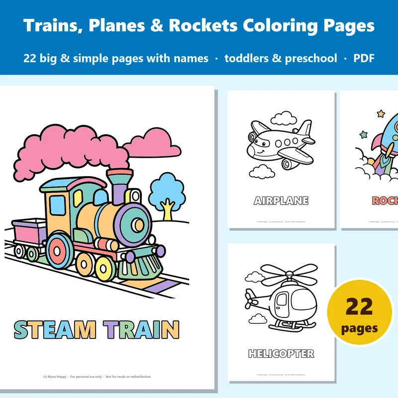 Trains, Planes and Rockets for Toddlers: 22 big and simple coloring pages with names