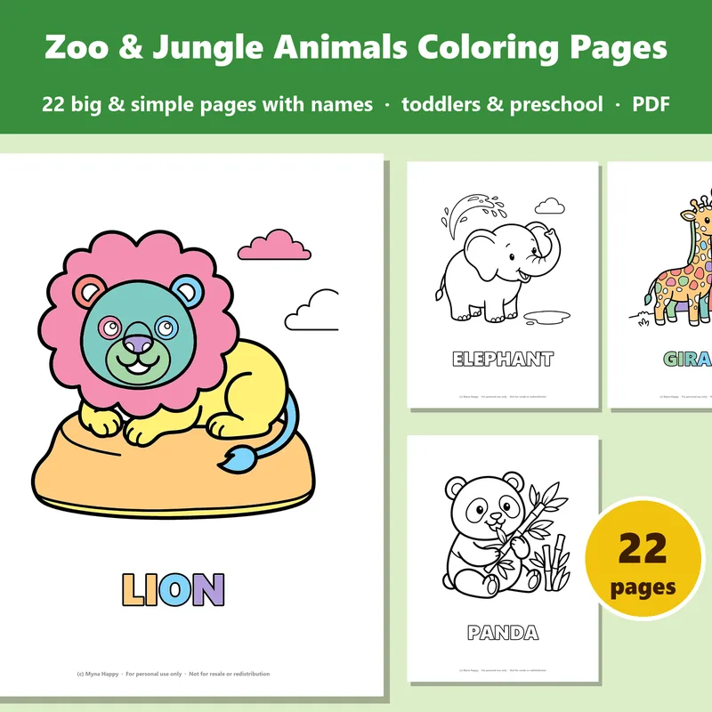 Zoo Animals for Toddlers: 22 big and simple coloring pages with names